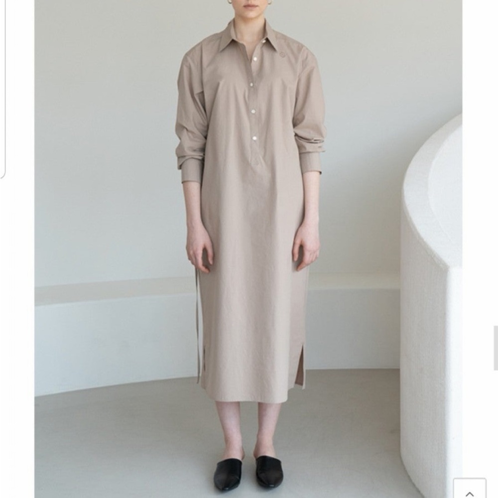Button-Front Midi Shirt Dress in Beige